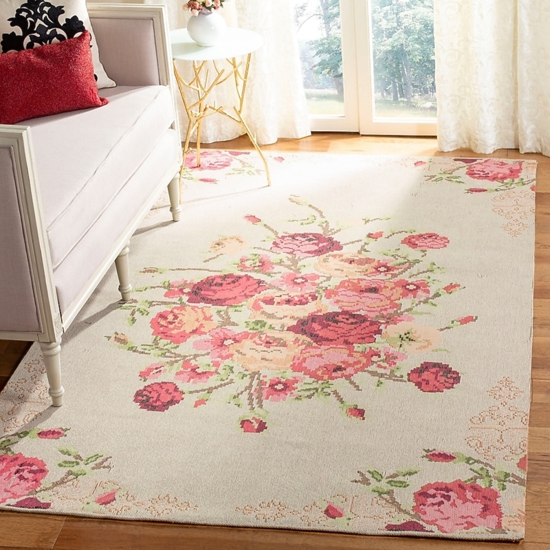 Area Rug, Vintage Botanical Medallion, Traditional Border, Beige Red