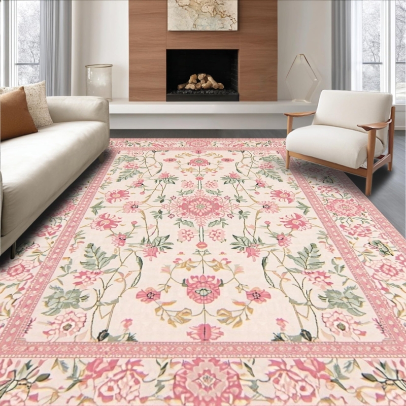 Area Rug, Vintage Inspired Floral Vine Pattern, Blush Pink, Sage Green