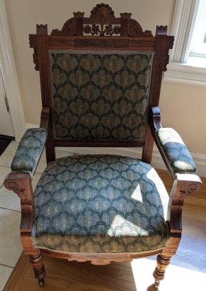 Arm Chair Eastlake Style Incised Details Carved Crest Turned Legs