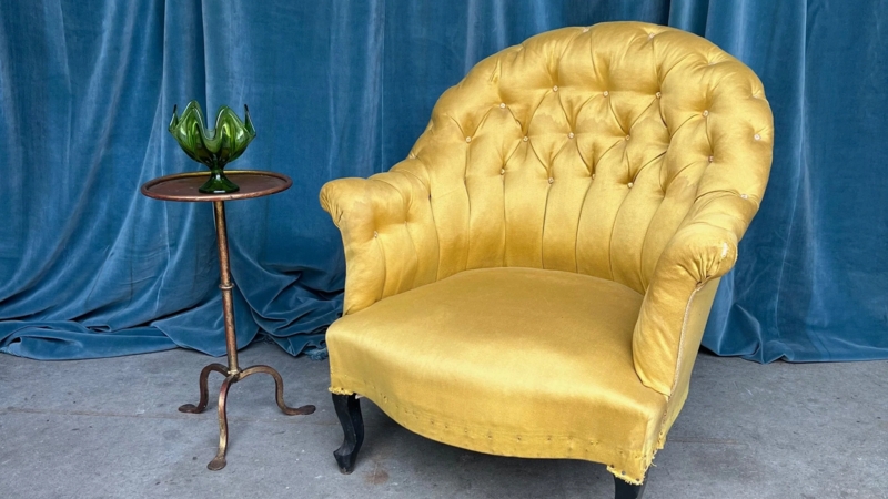 Arm Chair French Napoleon III Gold Tufted Scalloped Back