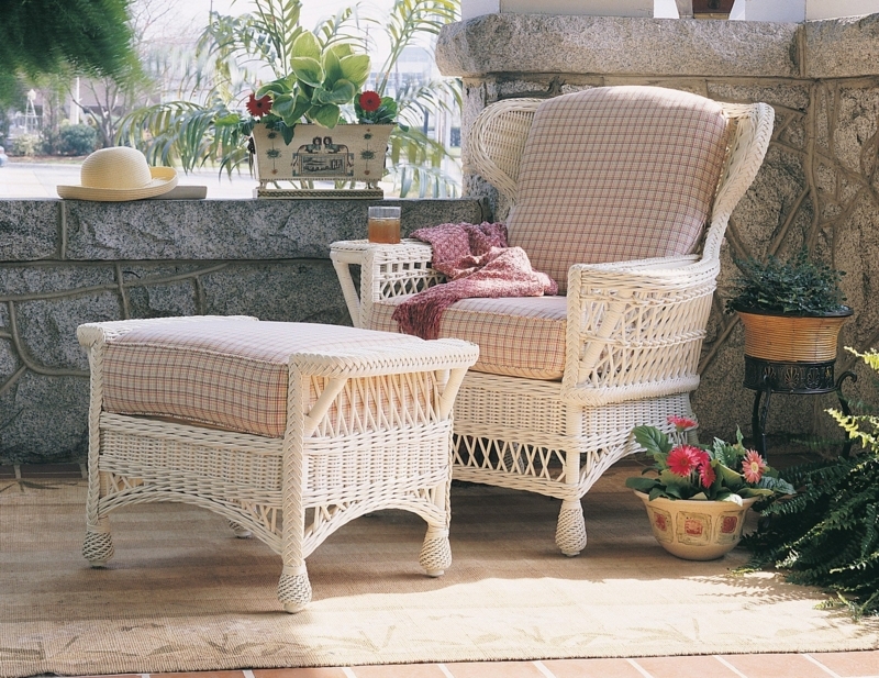 Armchair and Ottoman Twisted Rope Feet Antique White Wingback Cottage