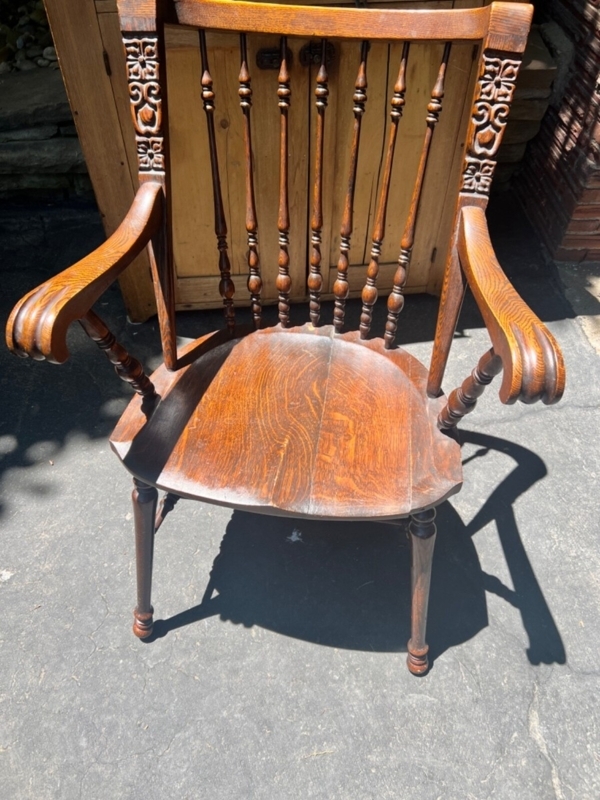 Armchair Antique Oak Spindle Back Carved Posts Fluted Arms Warm Brown