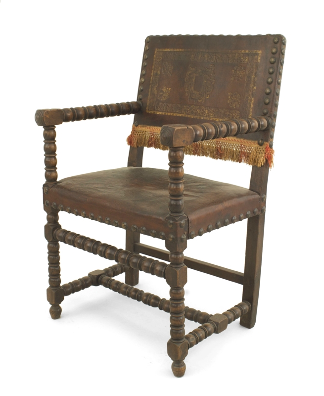 Armchair Bobbin Turned Walnut Frame Embossed Leather Back Fringe