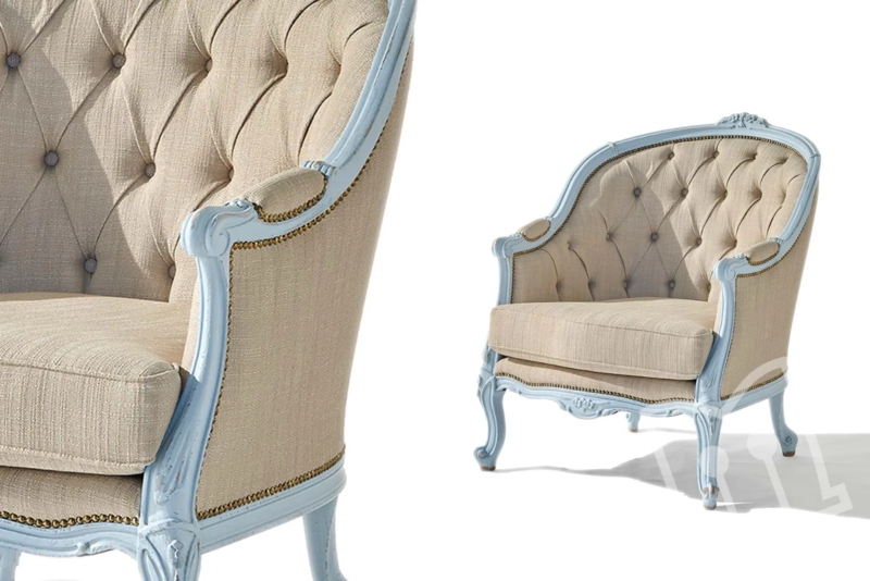 Armchair Button Tufting Distressed Blue Frame Nailhead Trim French