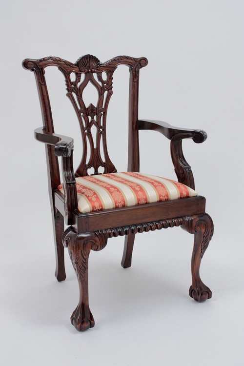 Armchair Chippendale Shell Carved Crest Ball and Claw Feet Striped Seat