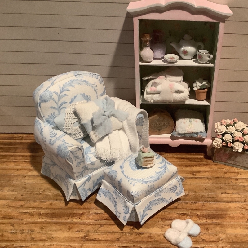 Armchair Ottoman Set Blue Toile Skirted Base Miniature Dollhouse
