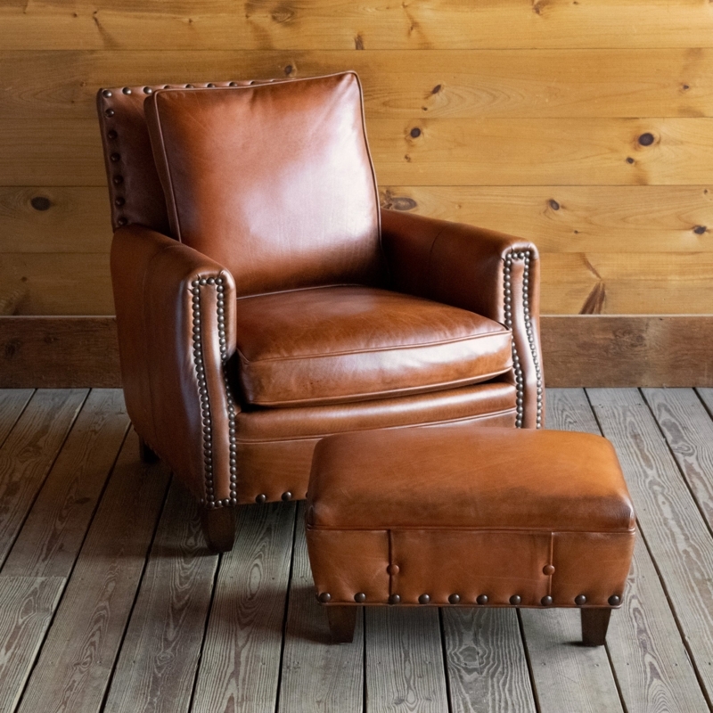 Armchair Ottoman Set: Rustic Lodge Leather with Nailhead Trim