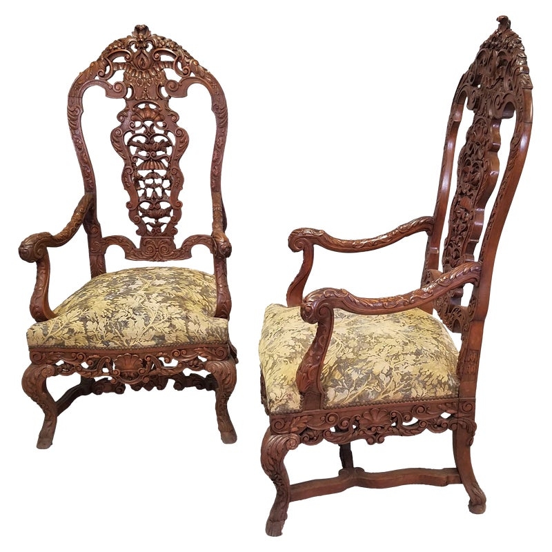 Armchair Pair Renaissance Revival Pierced Wood Backrest