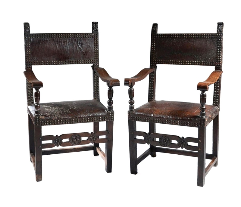 Armchair Renaissance Style Carved Stretcher Nailhead Trim