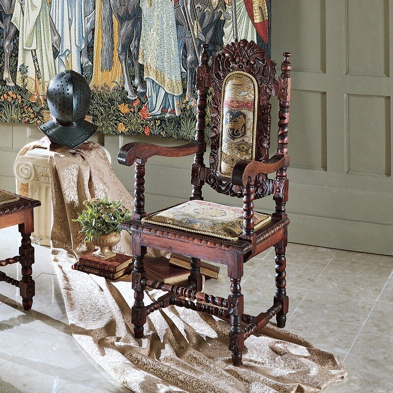 Armchair Renaissance Style Heraldic Crest Tapestry Barley Twist