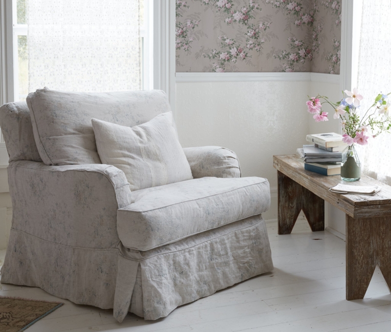 Armchair Slipcover Faded Floral Track Arms Skirted Base Cottage Style