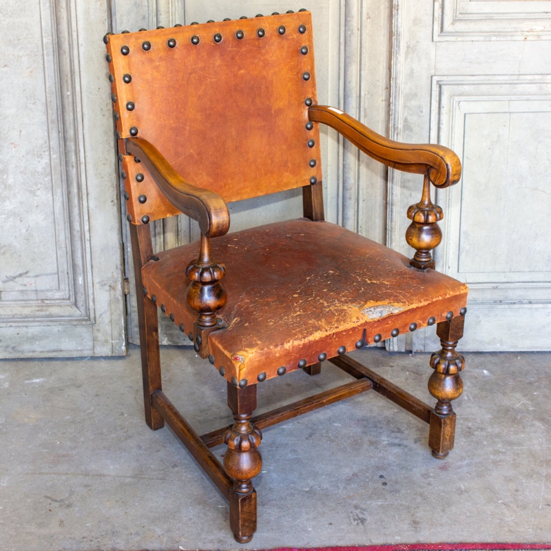 Armchair Spanish Colonial Oversized Studs Distressed Cognac Leather
