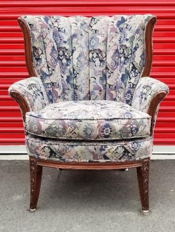 Armchair Tapestry Print Wingback Scalloped Channel Mahogany