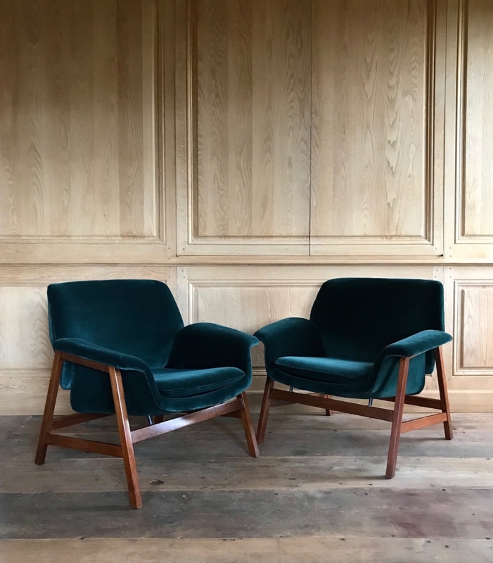 Armchair: Vintage Rosewood Frame with Sculptural Teal Velvet Seat