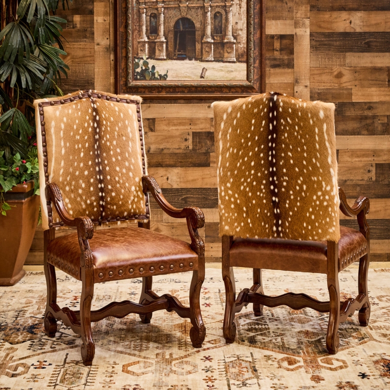 Armchair Western Ranch Axis Hide Pattern Ornate Carving Nailhead Trim