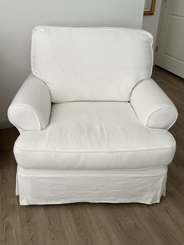 Armchair White Slipcover Oversized Silhouette Skirted Base Rolled Arms