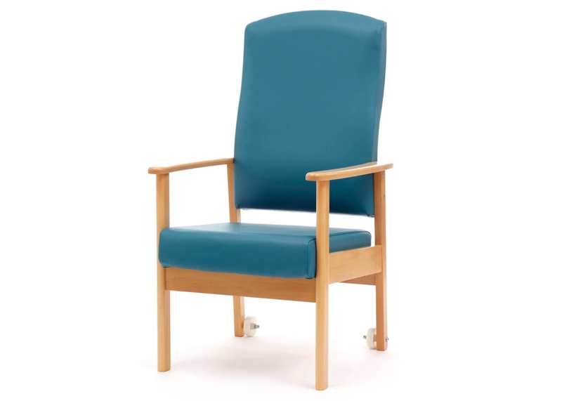 Armchair with Front Casters | Teal High Back Wood Frame Medical Seating