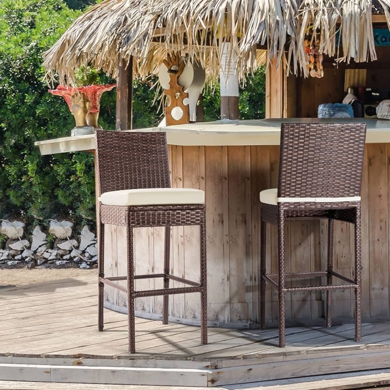 Armless High Back Wicker Bar Stools in Espresso with Beige Cushions