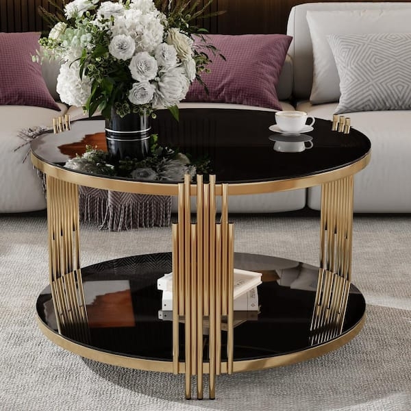 Art Deco Drum Coffee Table Gold Vertical Rods Black Glass