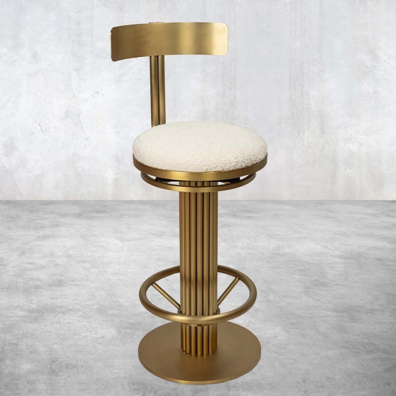 Art Deco Fluted Gold Bar Stool with Nubby White Boucle Upholstery