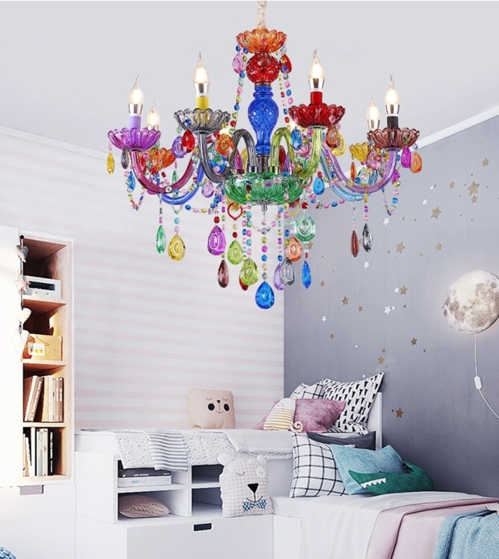 Art Deco Kids Lighting with 8 Multi-Colored Glass Arms