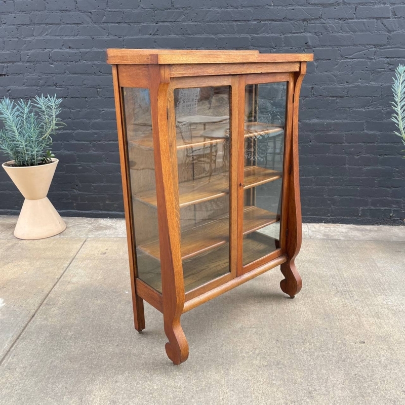 Art Deco Storage Cabinet Sculpted Legs Glass Sides 1940s Vintage