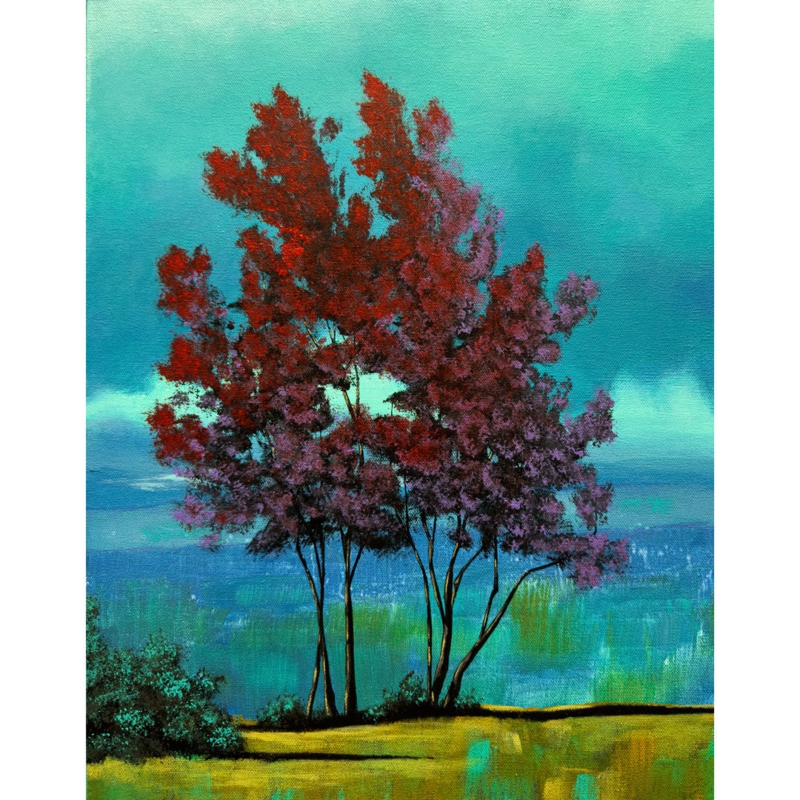 Art Print Modern Expressionism Teal Sky And Crimson Red Foliage