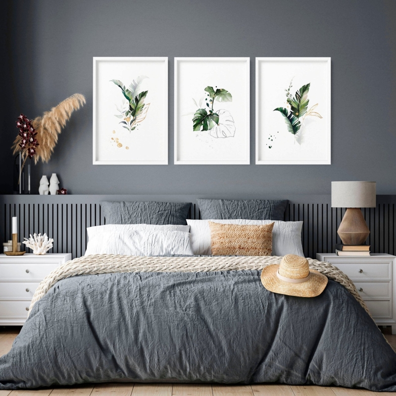 Art Print Set Triptych Layout Botanical Watercolors Tropical Leaf