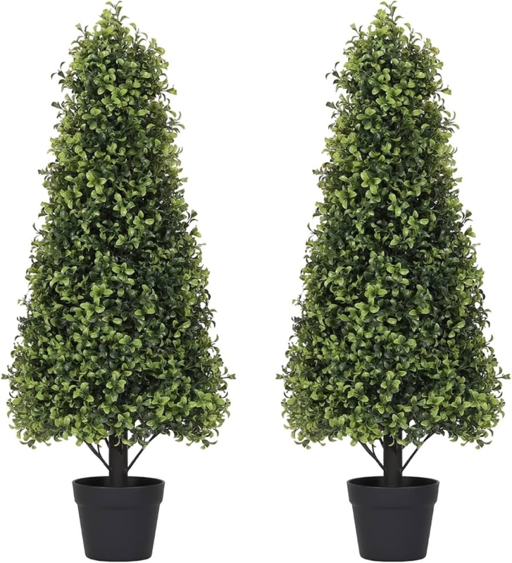Artificial Cone Topiary Set, 3ft Tall Evergreen Faux Plants