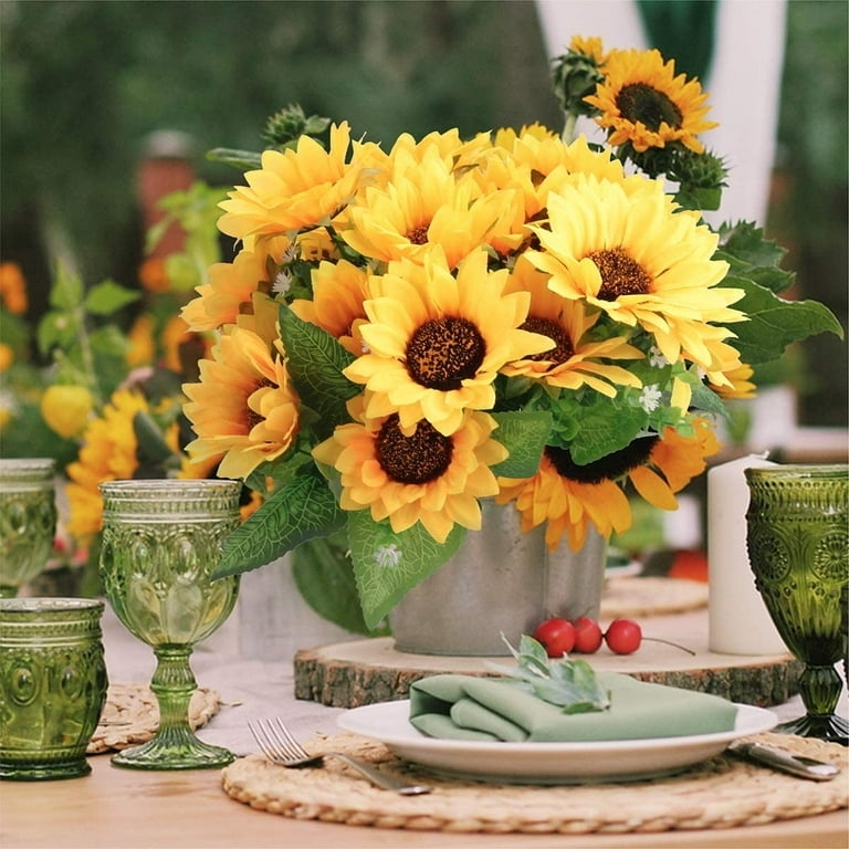Artificial Sunflowers in Weathered Metal Pot, Embossed Green Glassware