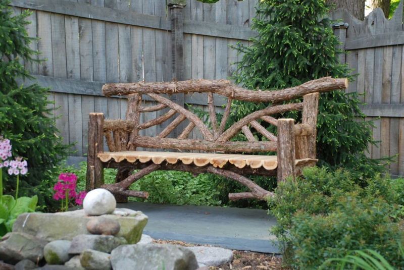 Artisan Garden Bench with Radiating Branch Back and Log Slice Seat