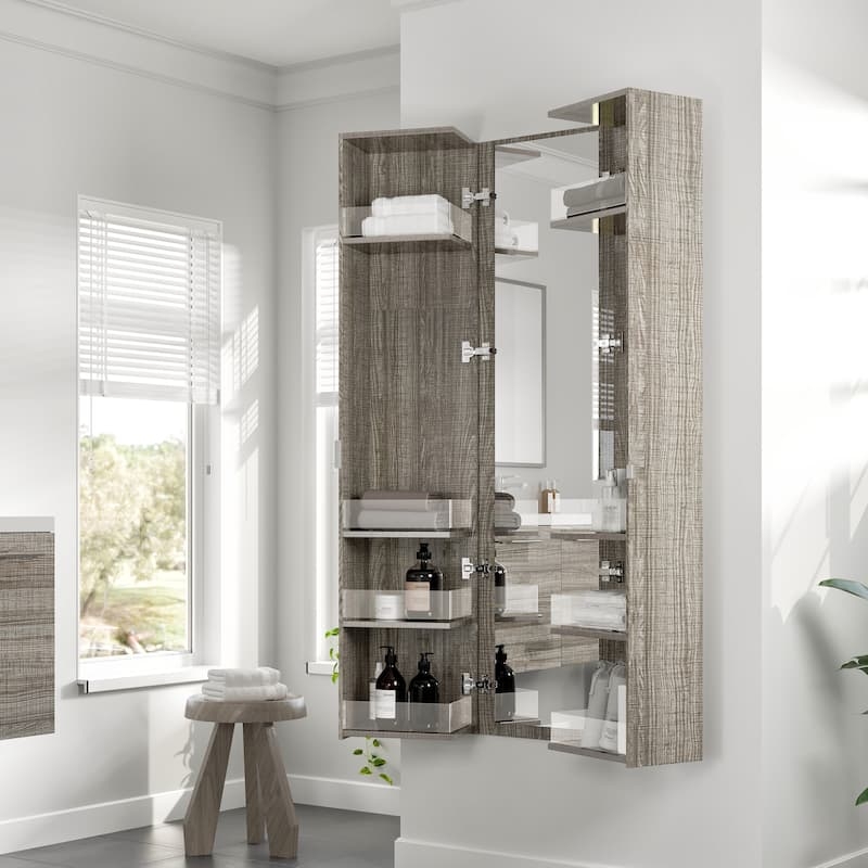 Ash Grey Linen Cabinet with Mirrored Interior and Textured Grain Finish.