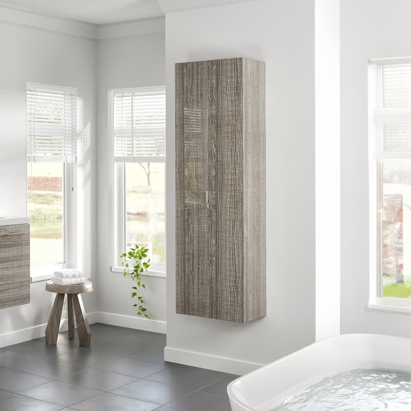 Ash Wood Texture Linen Cabinet with Vertical Pull and Floating Design.
