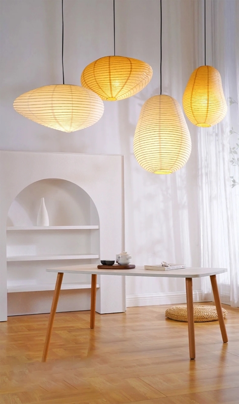 Asymmetric Pendant Cluster Organic Rice Paper Shades Ribbed