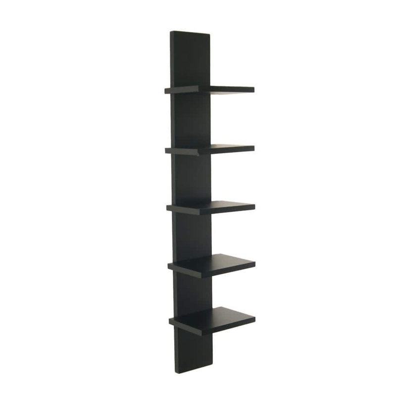 Asymmetric Spine Wall Shelf with Five Offset Tiers in Dark Walnut