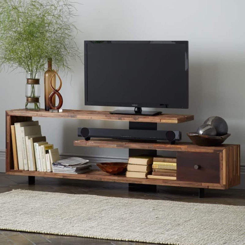 Asymmetrical Media Console, Cantilevered Shelves, Industrial Modern.