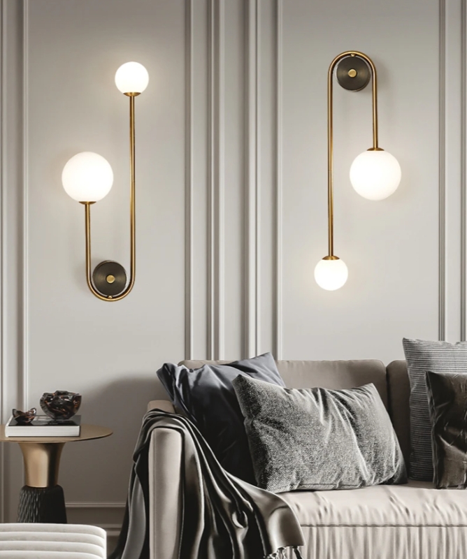 Asymmetrical Wall Sconce with Double Globe and Brass Vertical Arm