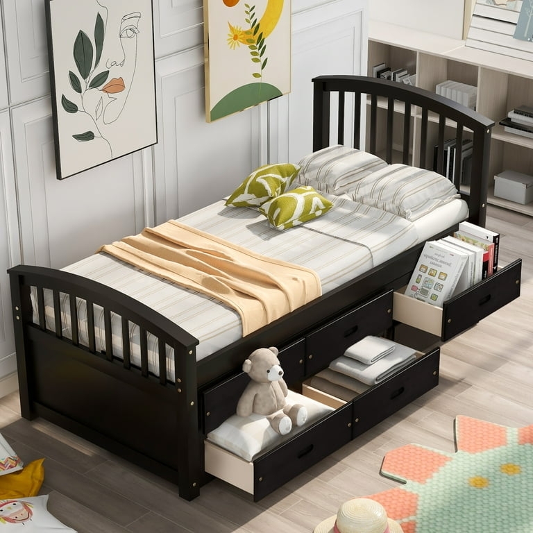 Aukfa Solid Wood Twin Size Captain Bed Frame with 6 Storage Drawers for Kids - Espresso