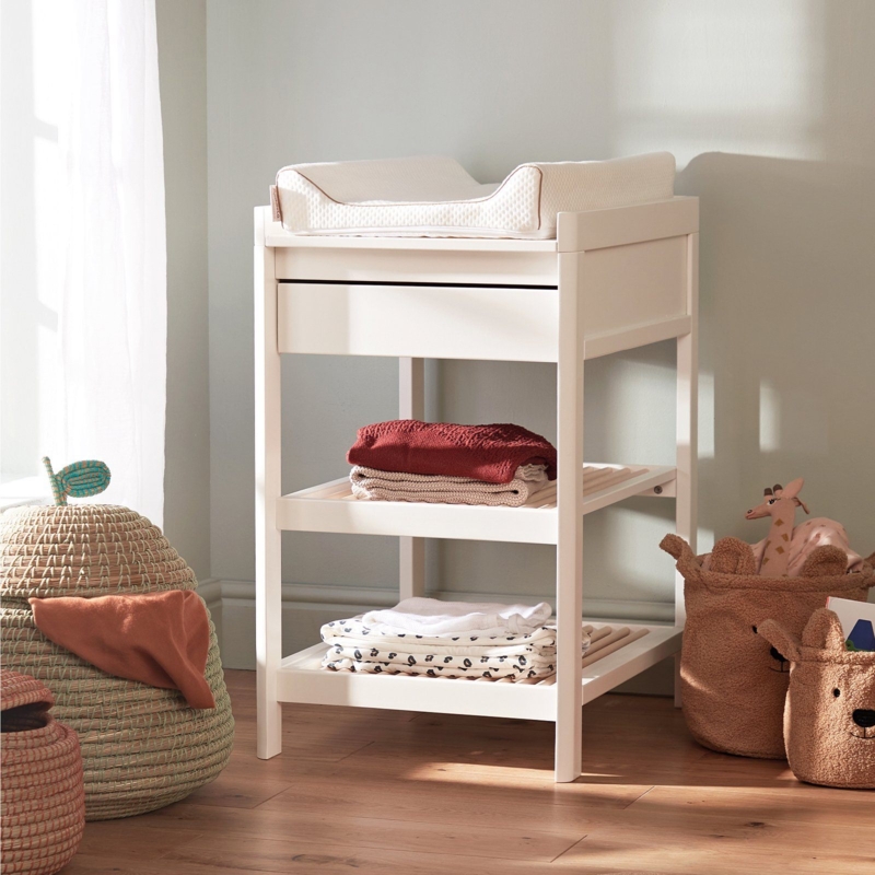 Baby Changing Table, Crisp White, Slatted Shelving, Contoured Top Rails