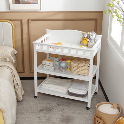 Baby Changing Table, White Wood, Arched Backboard, Slatted Railings, Mobile