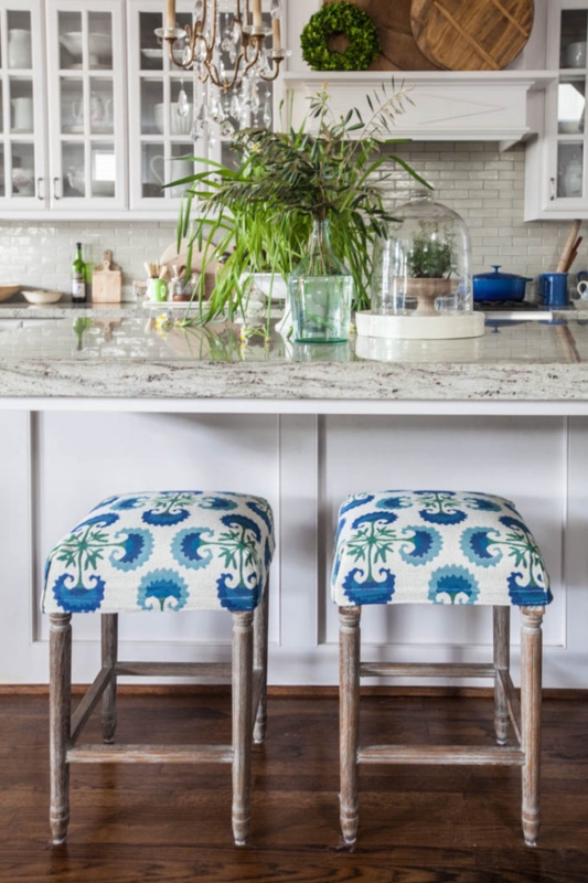 Backless Bar Stool Blue Ikat Slipcover Weathered Wood Frame