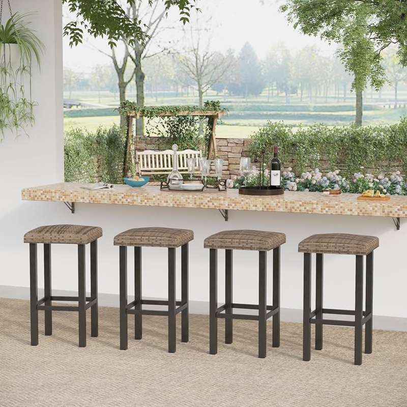 Backless Bar Stools Set with Woven Rattan Seat and Black Frame