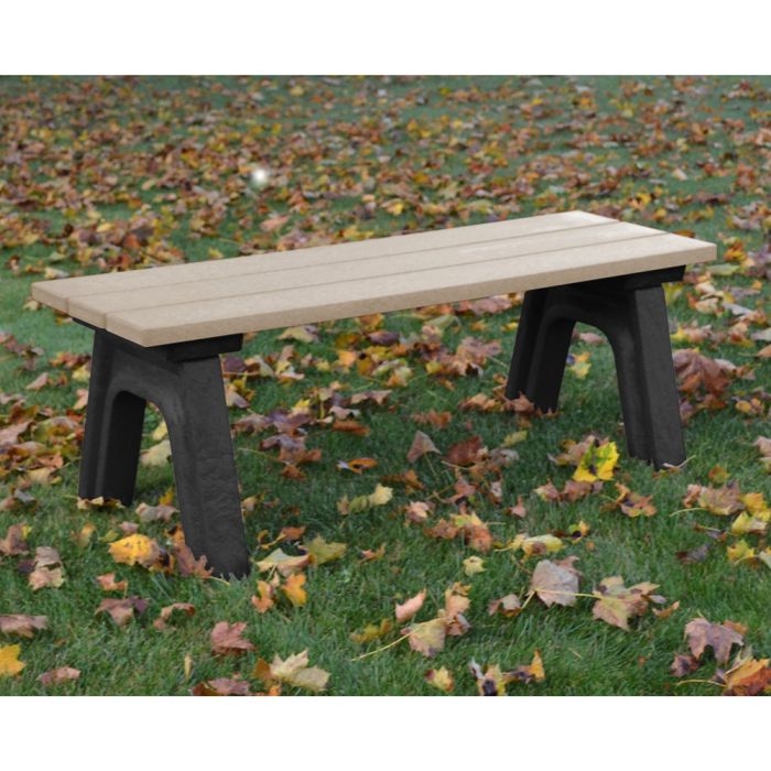 Backless Park Bench, Slatted Tan Top with Arched Black Legs