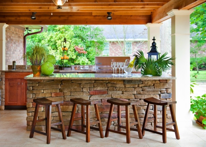 Backless Saddle Seat Barstools for Stacked Stone Bar