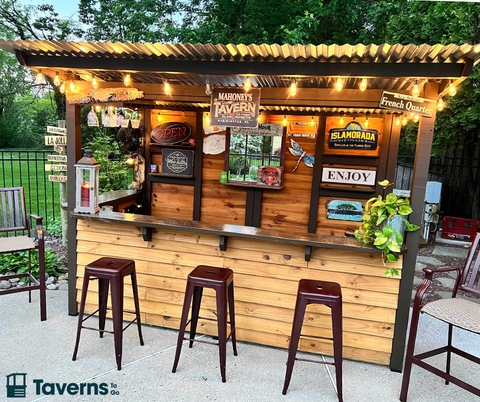 Backyard Bar with Backless Metal Stools, Rustic Industrial Design
