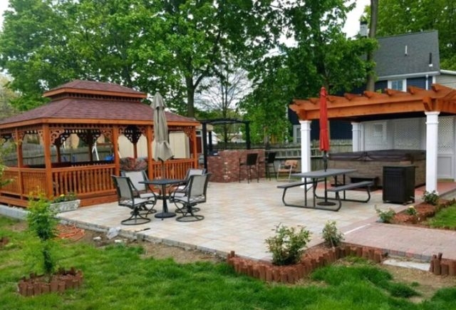 Backyard Gazebo Tiered Shingle Roof White Column Pergola