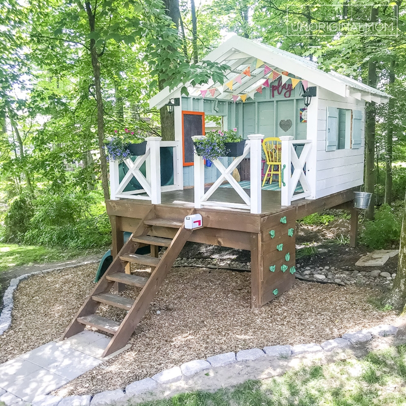 Backyard Playhouse Whimsical Cottage, X-Brace Railing & Light Blue Siding