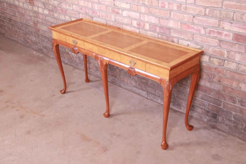 Baker Furniture Console: Six-Leg Base, Burl Inlay, Shell Knee Carving