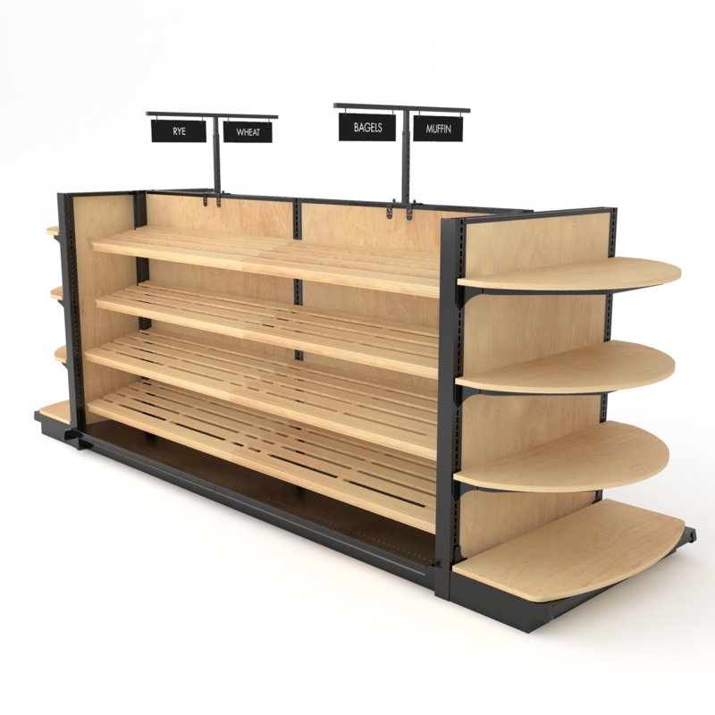 Bakery Display Island Curved End Caps Slatted Wood Shelves Matte Black Metal