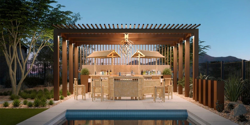 Bamboo Outdoor Bar Set with Dual Thatched Roofs and Metal Pergola